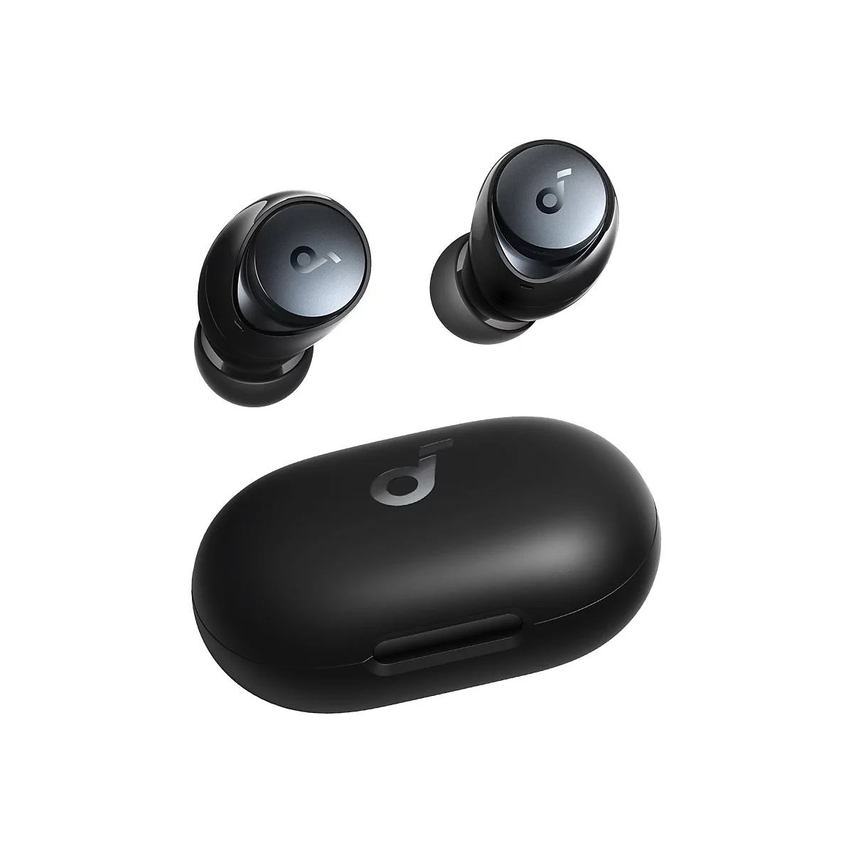 Schwarze kabellose Soundcore In-Ear-Kopfhörer mit zugehörigem Ladecase vor weißem Hintergrund.