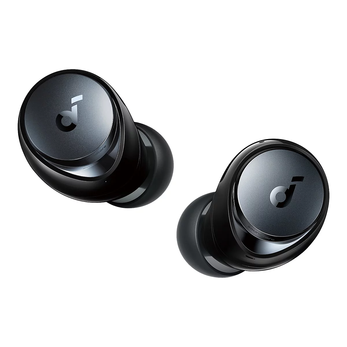 Zwei schwarze Soundcore In-Ear-Kopfhörer vor weißem Hintergrund mit dem Logo auf der glänzenden Oberfläche.