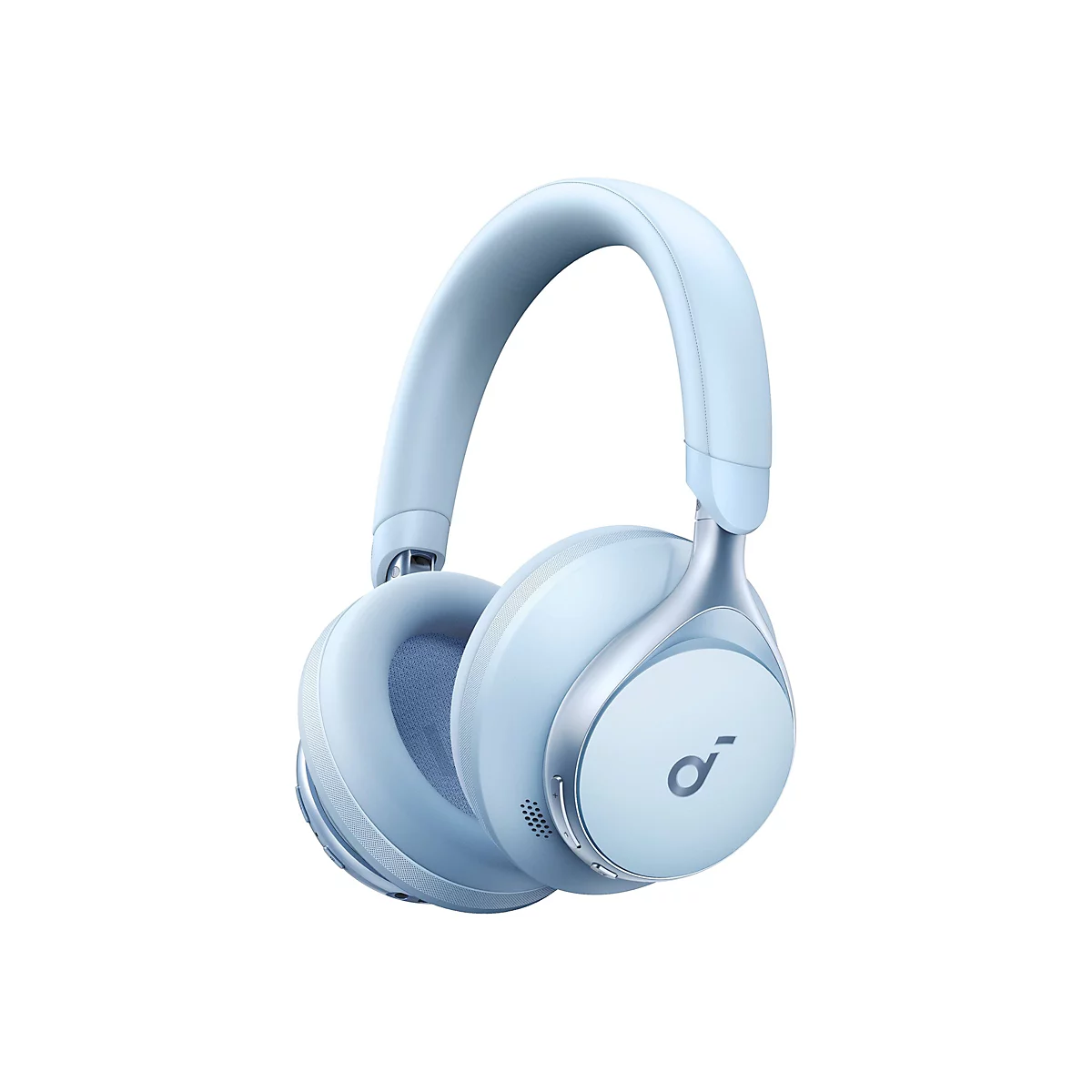 Hellblaue kabellose Over-Ear-Kopfhörer mit Soundcore-Logo vor weißem Hintergrund.