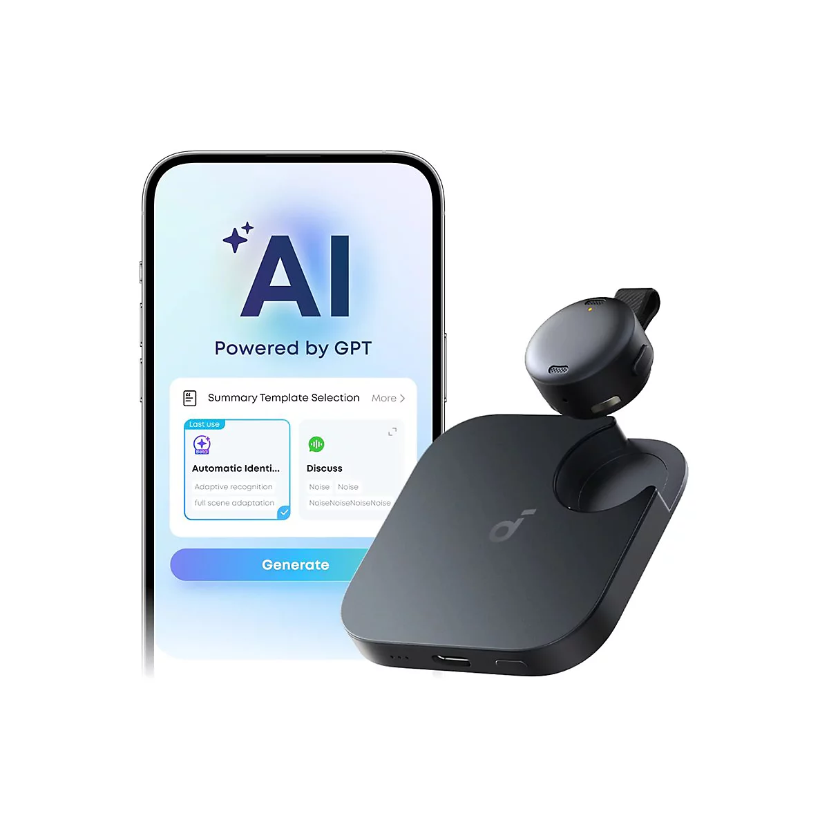 Ein Smartphone zeigt eine KI-App-Oberfläche neben einem schwarzen Anker Soundcore Gerät und Ladeetui.