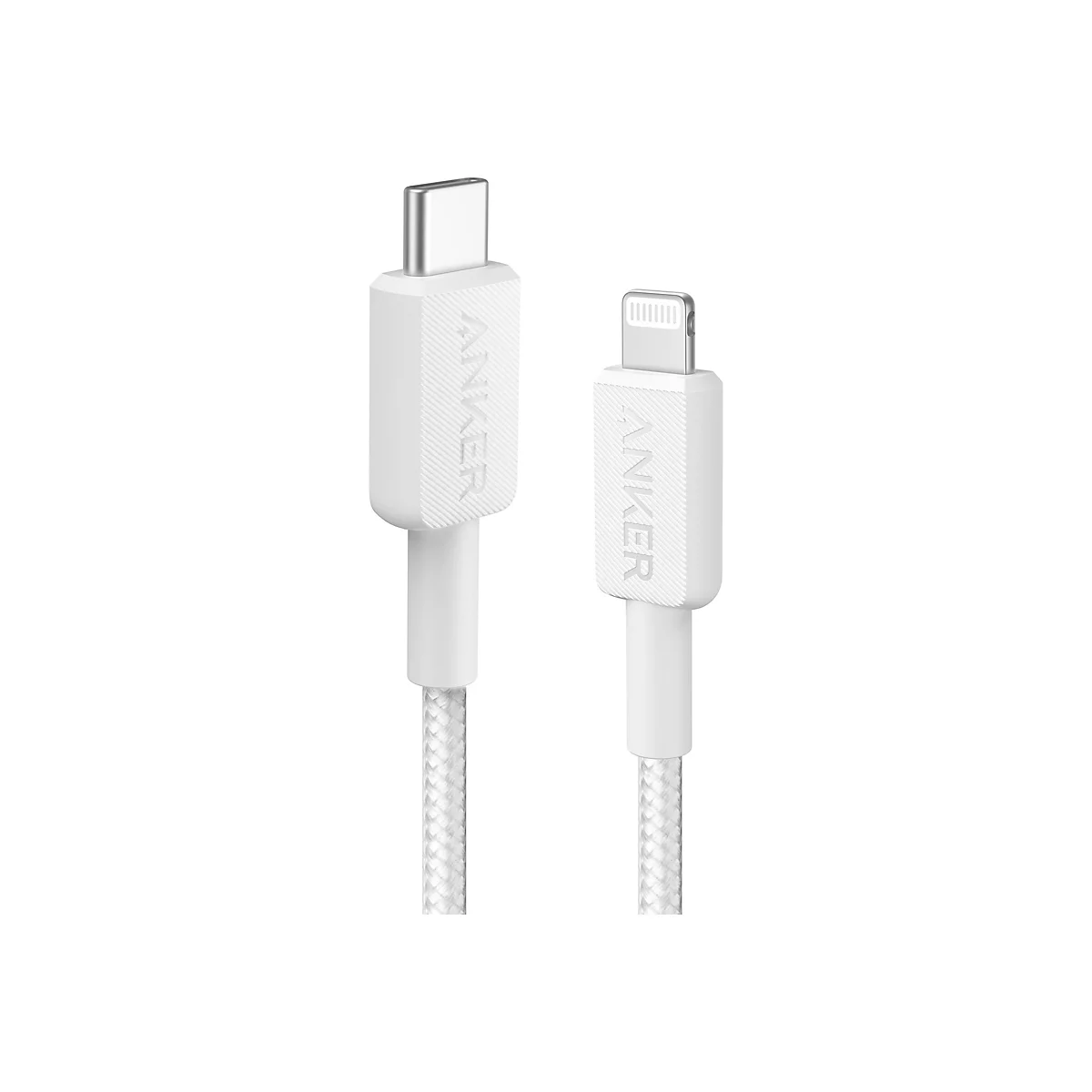 Zwei weiße Anker-Ladekabel: eines mit USB-C-Stecker, eines mit Lightning-Stecker, beide mit Textilummantelung.