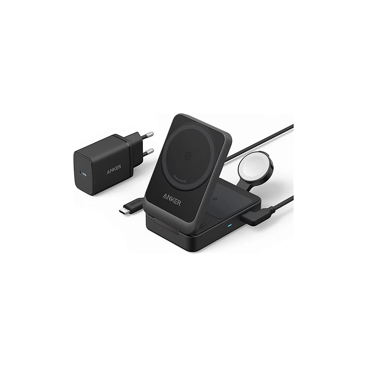Schwarze, faltbare 3-in-1 Anker Ladestation mit Netzteil vor weißem Hintergrund.