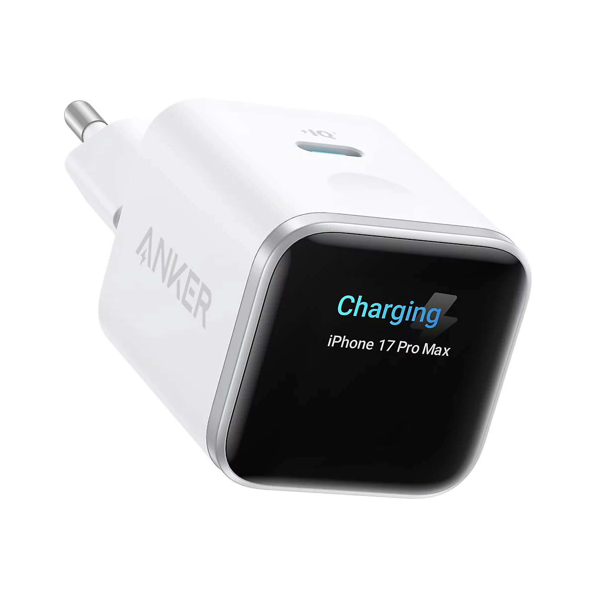 Weißes Anker-Ladegerät mit Display, auf dem Charging und iPhone 17 Pro Max steht.