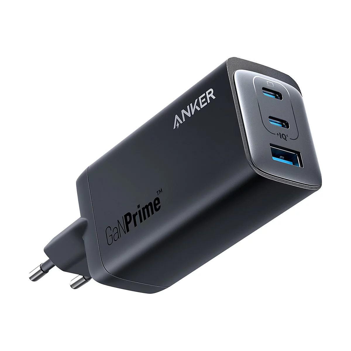 Schwarzes Anker-Ladegerät mit drei Ports, USB-C und USB-A, weißer Hintergrund. Schriftzug 'Anker GaNPrime'.
