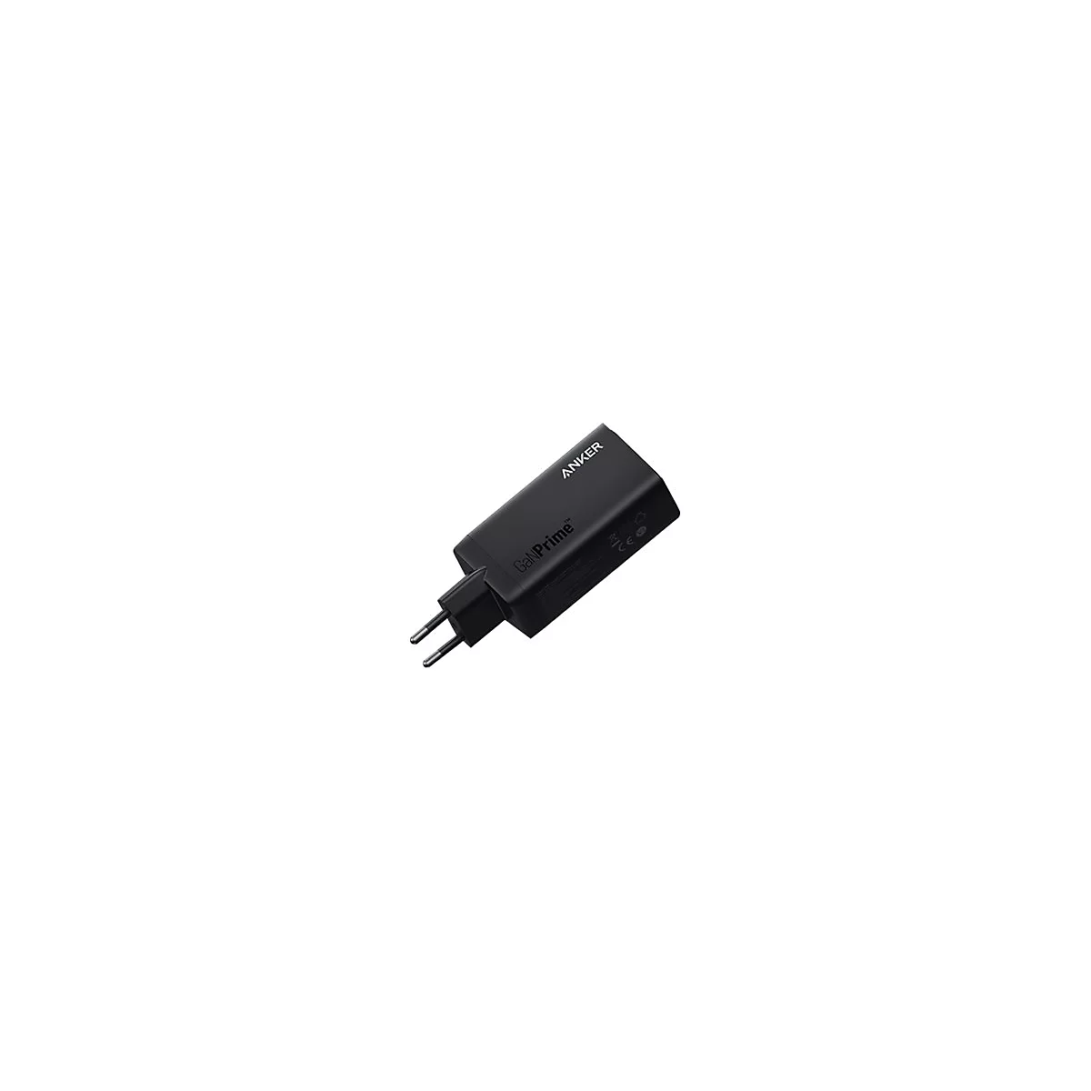 Schwarzes Anker GaNPrime Ladegerät. Es ist rechteckig mit einem Netzstecker.