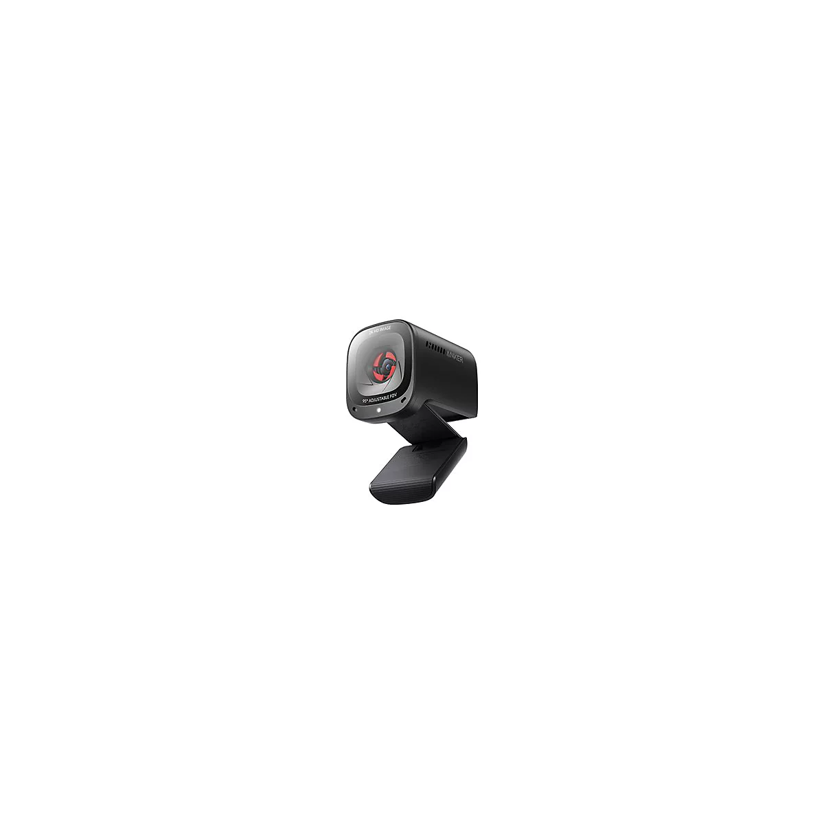Schwarze Anker Webcam mit 2K-Auflösung und verstellbarem Sichtfeld auf einem Standfuß.