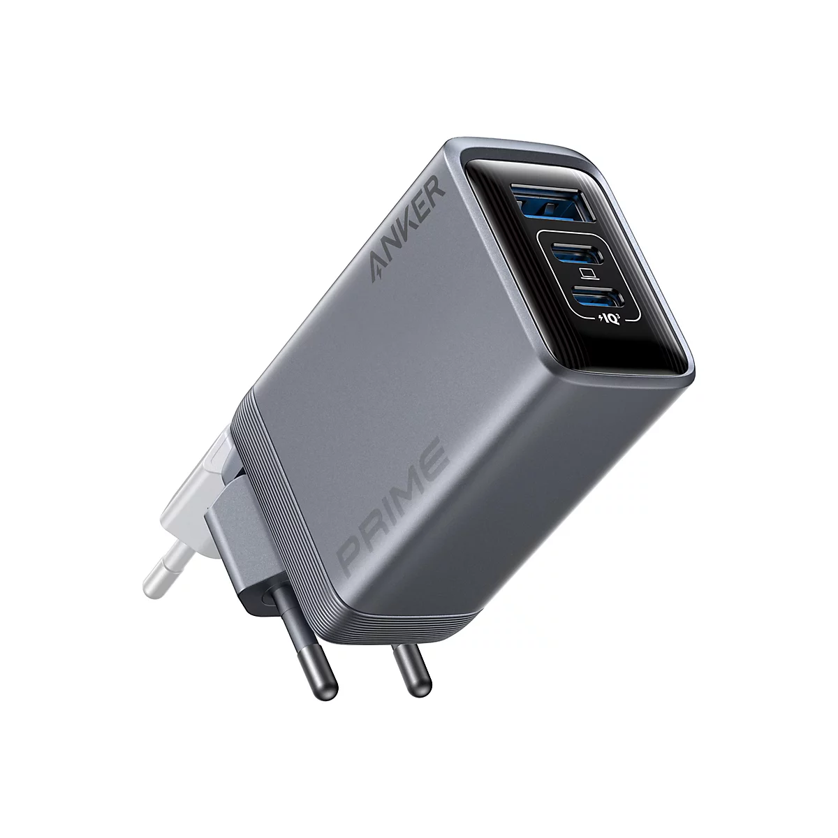 Graues Anker Prime Wandladegerät mit drei USB-Anschlüssen vor weißem Hintergrund.