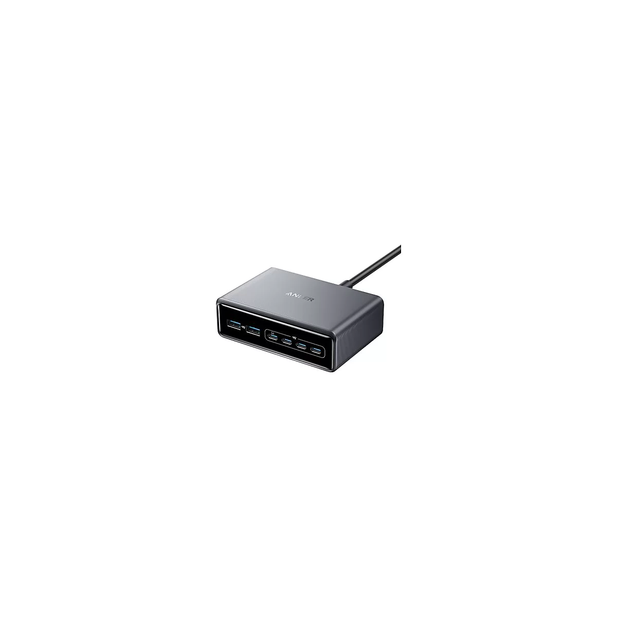 Graue Anker USB-C Dockingstation mit diversen Anschlüssen auf einer schwarzen Frontblende.