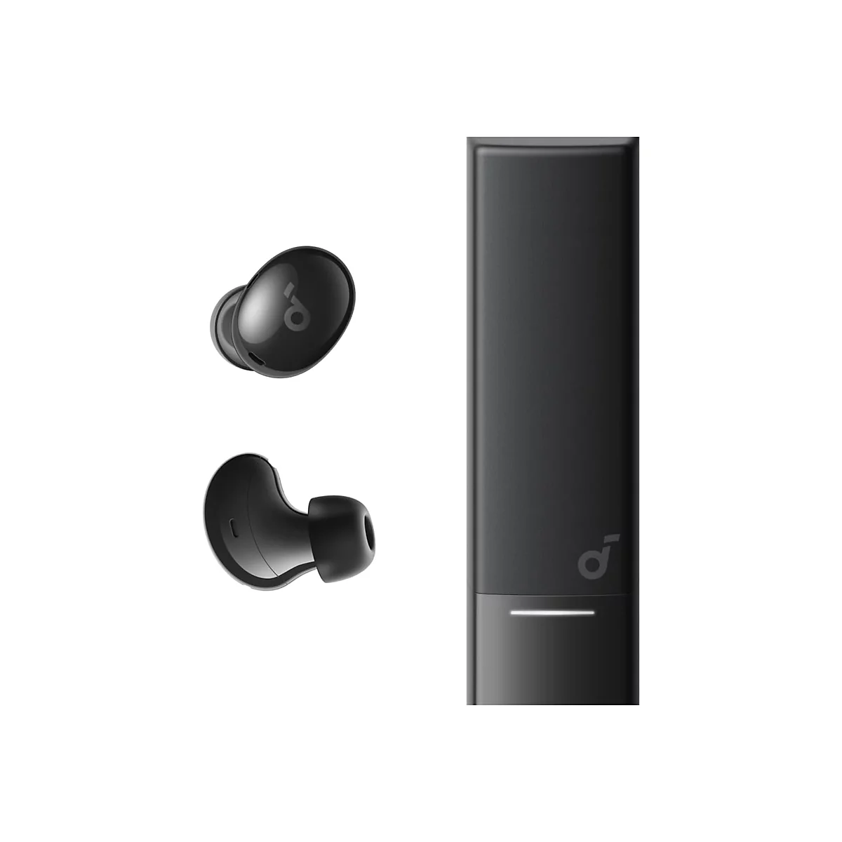 Schwarze In-Ear-Kopfhörer mit Ladecase vor weißem Hintergrund.