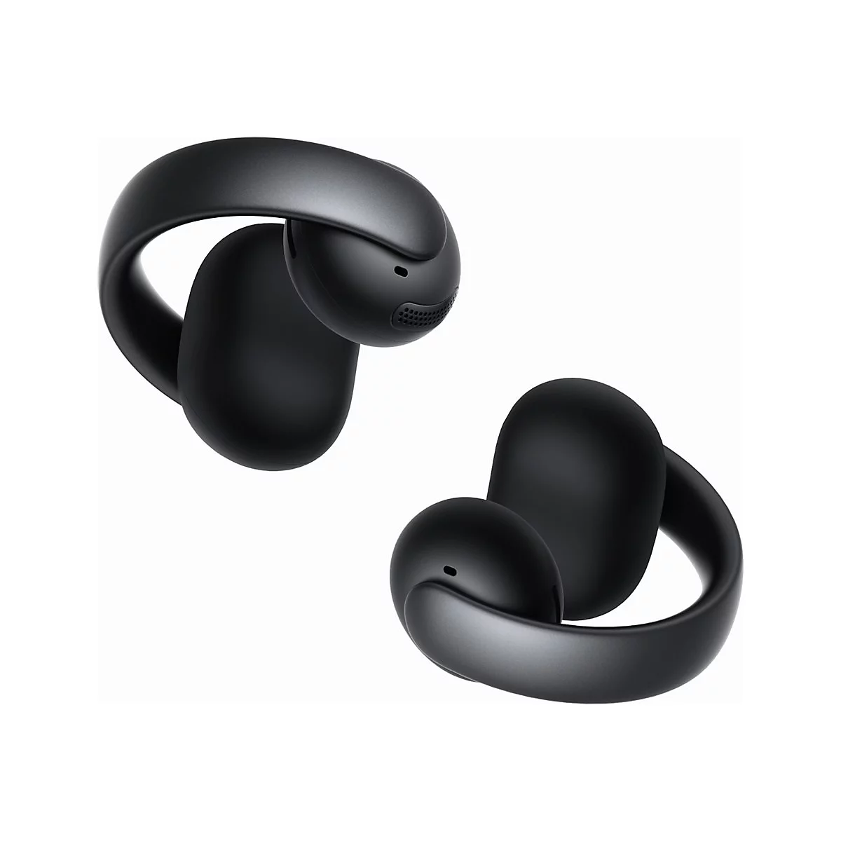 Zwei schwarze, bügelförmige In-Ear-Kopfhörer vor weißem Hintergrund.