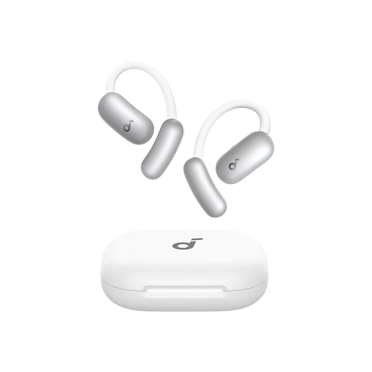 Weiße Earbuds mit Ohrbügeln schweben über ihrem weißen Ladecase vor neutralem Hintergrund.
