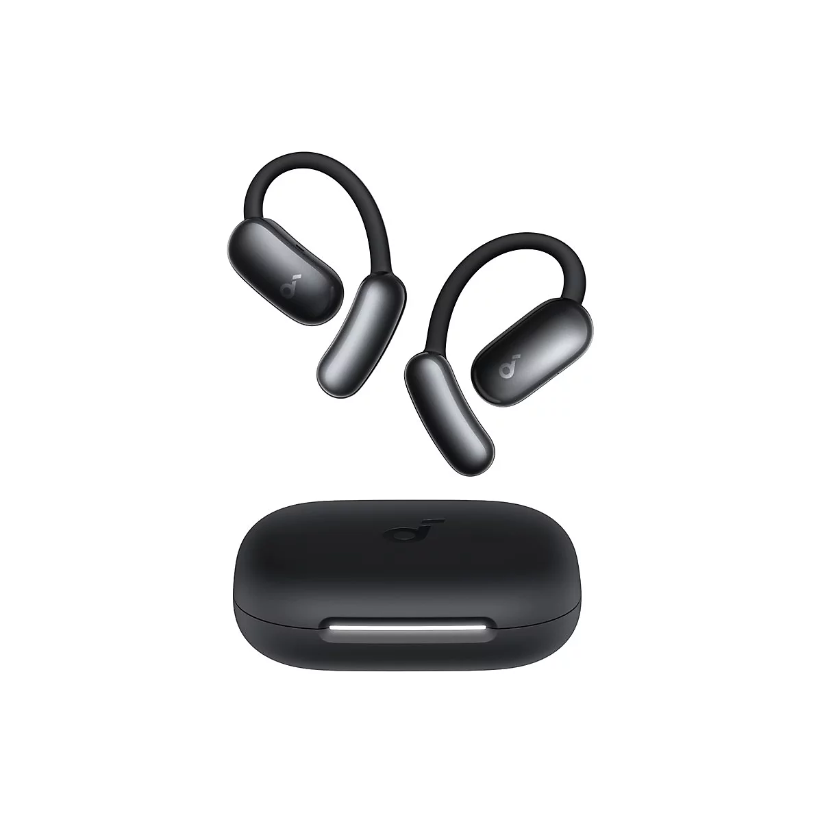 Schwarze Soundcore Open-Ear-Kopfhörer mit Ohrbügeln und passendem Ladecase vor weißem Hintergrund.