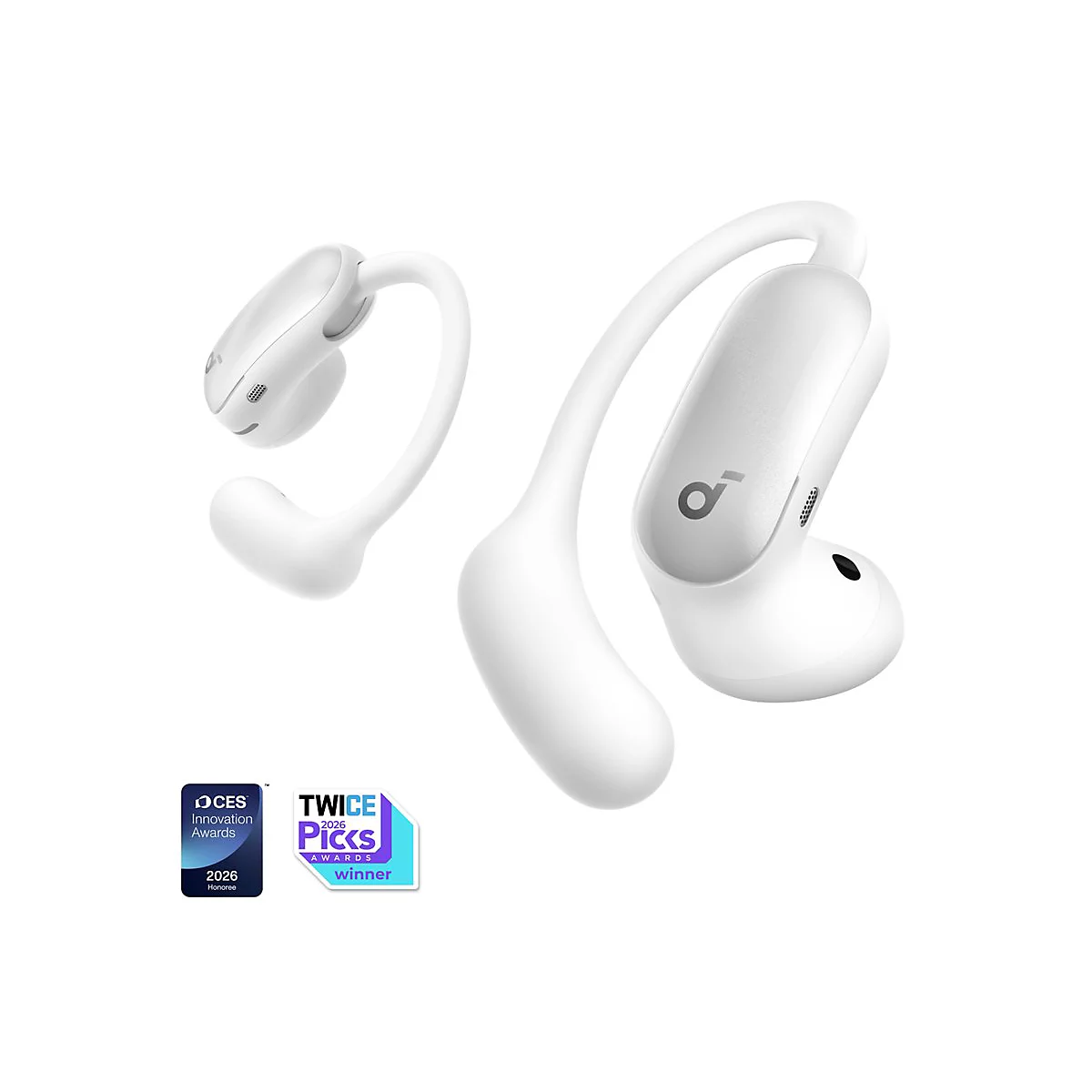 Zwei weiße Open-Ear-Kopfhörer mit Ohrbügeln auf weißem Hintergrund und zwei Award-Logos.