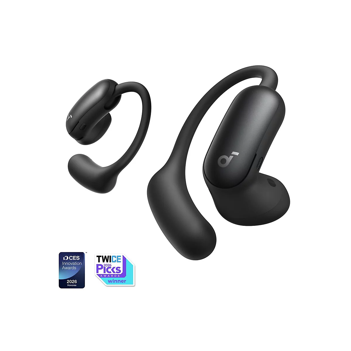 Schwarze Open-Ear-Kopfhörer mit Ohrbügeln vor weißem Hintergrund, flankiert von CES- und Twice-Awards-Logos.