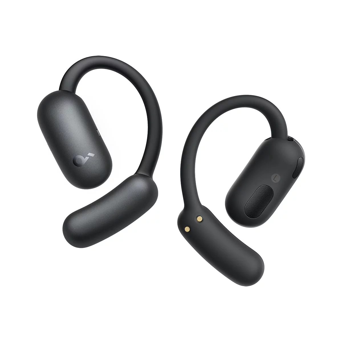 Zwei schwarze Open-Ear-Kopfhörer mit Ohrbügeln auf weißem Hintergrund.