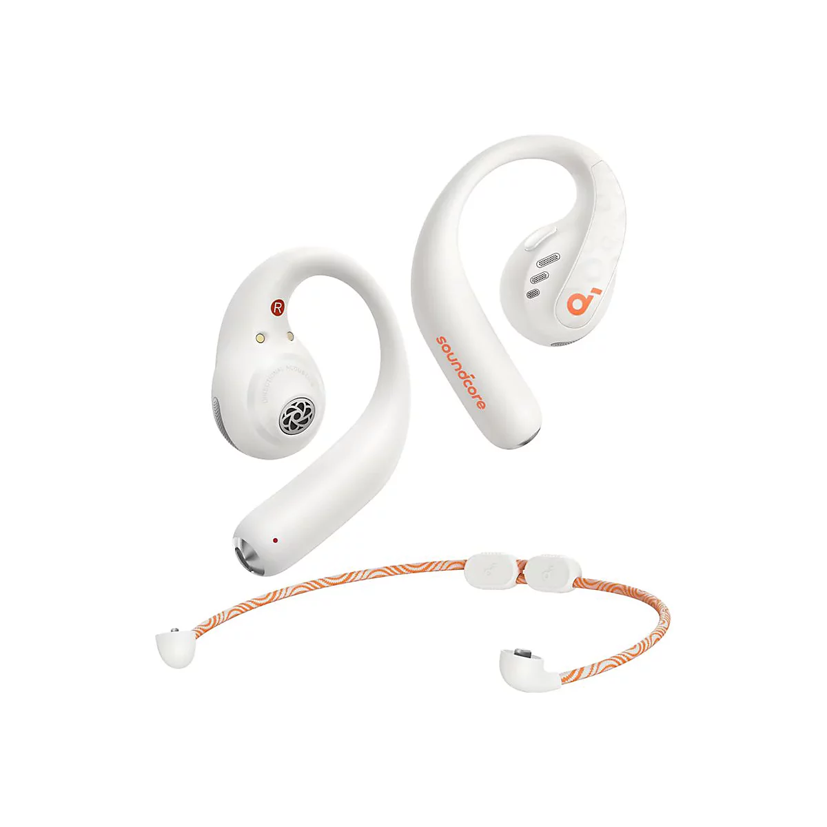 Weiße Soundcore Open-Ear-Kopfhörer mit Ohrbügeln und einem gemusterten, orangen Nackenband auf weißem Hintergrund.
