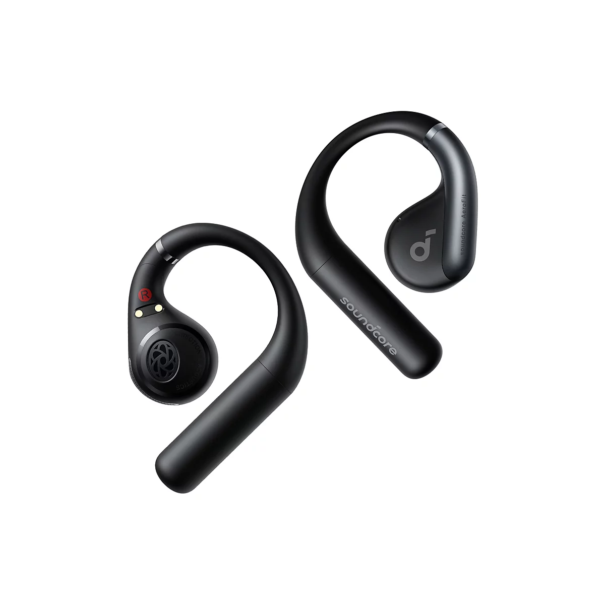 Schwarze Soundcore AeroFit Open-Ear-Kopfhörer mit Ohrbügeln vor weißem Hintergrund.