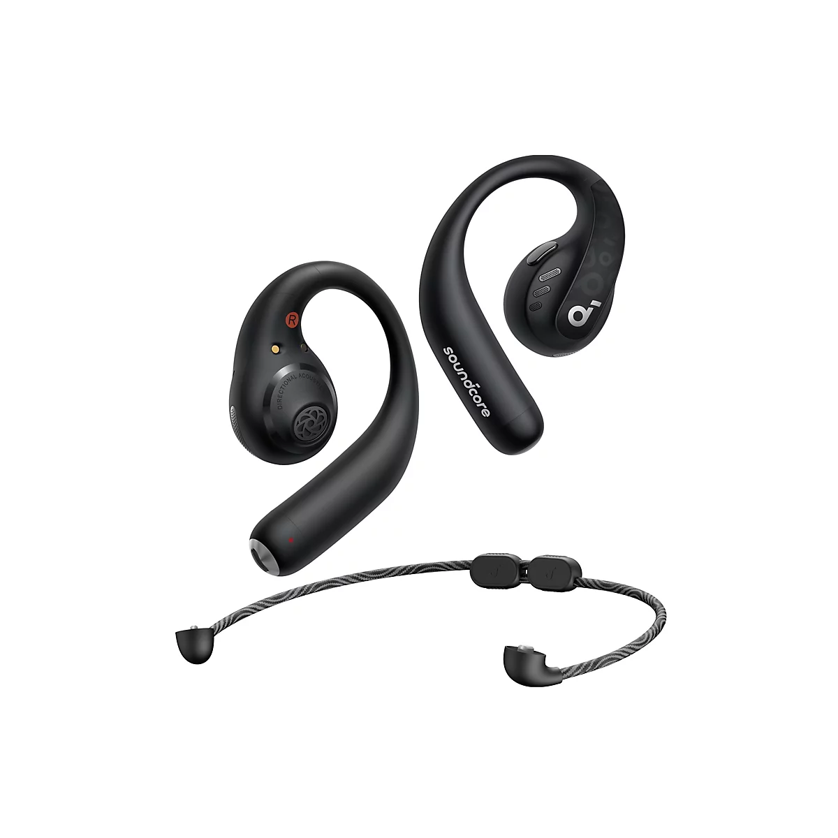 Zwei schwarze Soundcore Sport-Ohrhörer mit Ohrbügeln und einem verbundenen Nackenband auf weißem Grund.