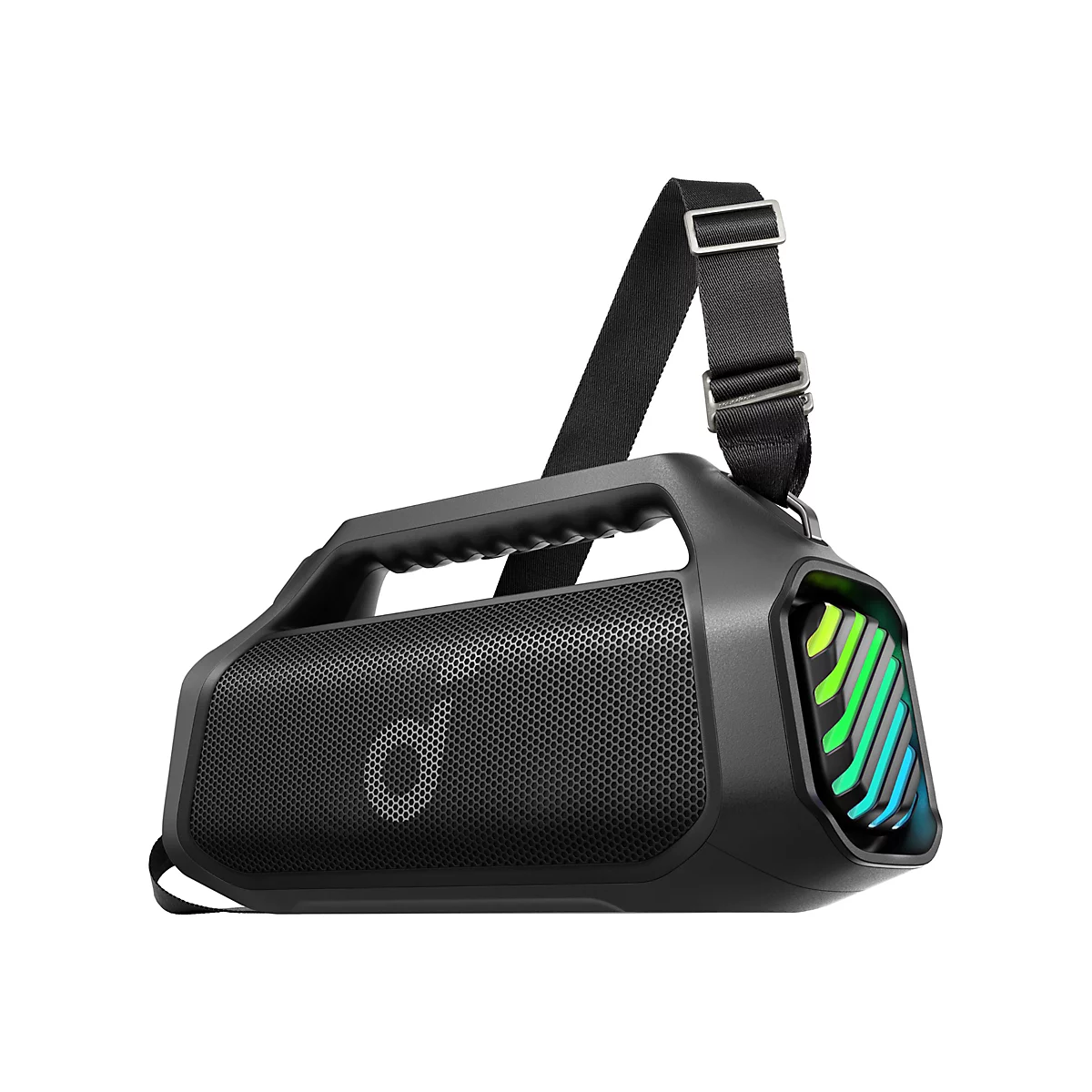 Schwarzer tragbarer Bluetooth-Lautsprecher mit Tragegriff, Schultergurt und seitlicher, bunter LED-Beleuchtung.