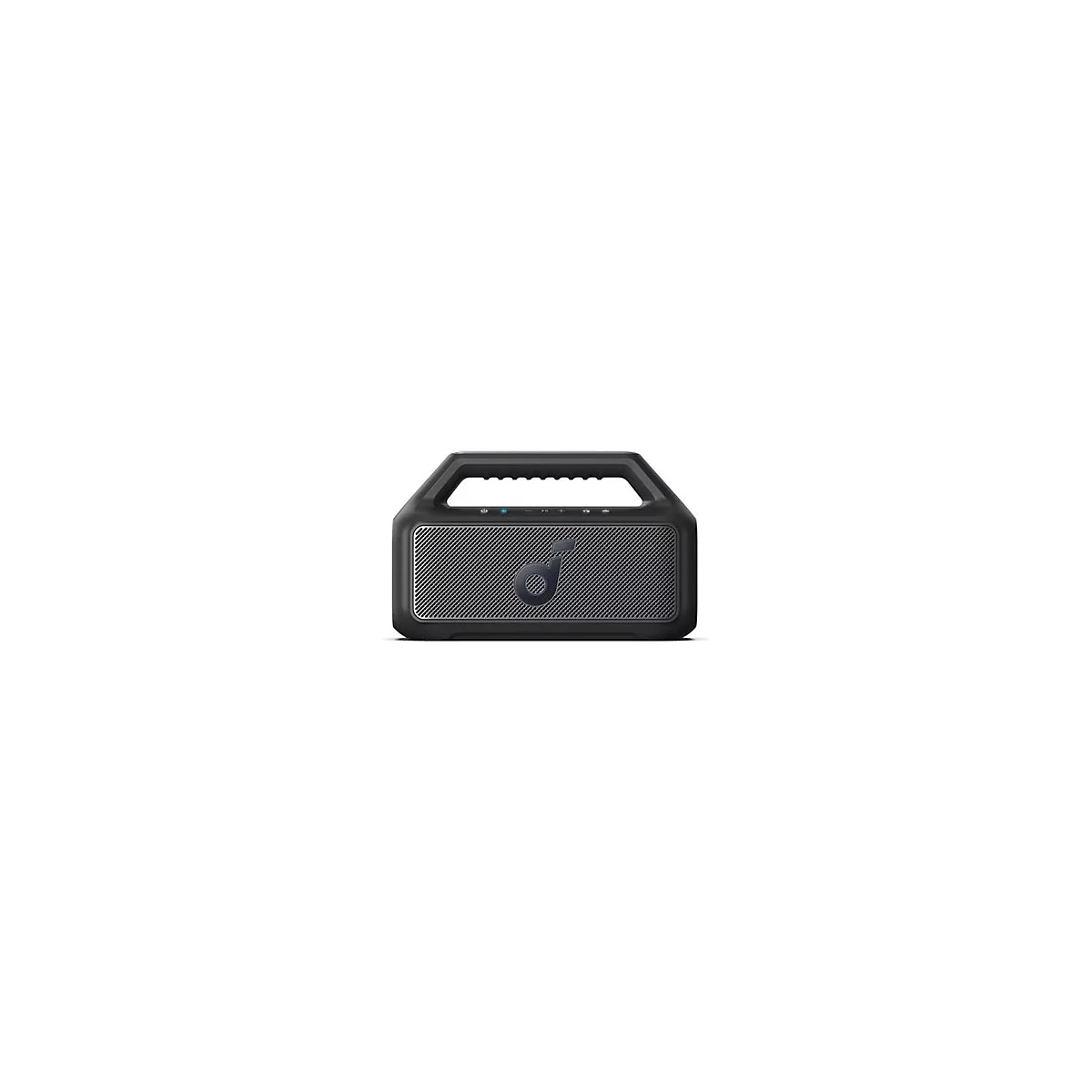 Schwarzer, tragbarer Bluetooth-Lautsprecher mit Tragegriff und mittigem Soundcore-Logo vor hellem Hintergrund.