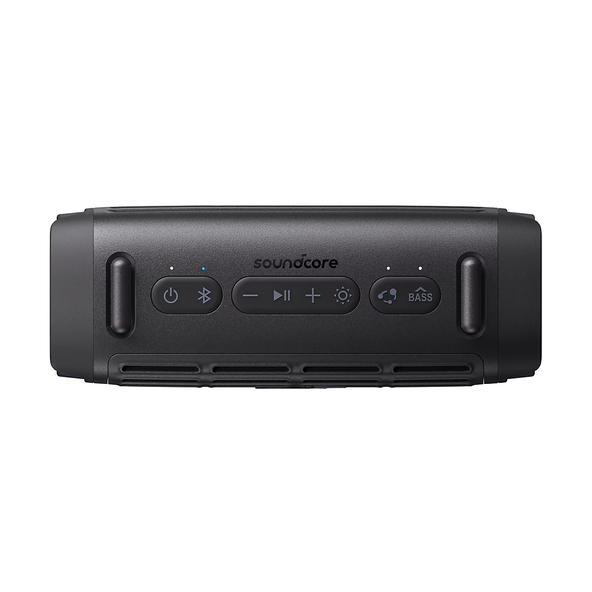 Draufsicht eines schwarzen Soundcore Lautsprechers mit deutlich sichtbaren Tasten für Lautstärke, Bluetooth und Bass.