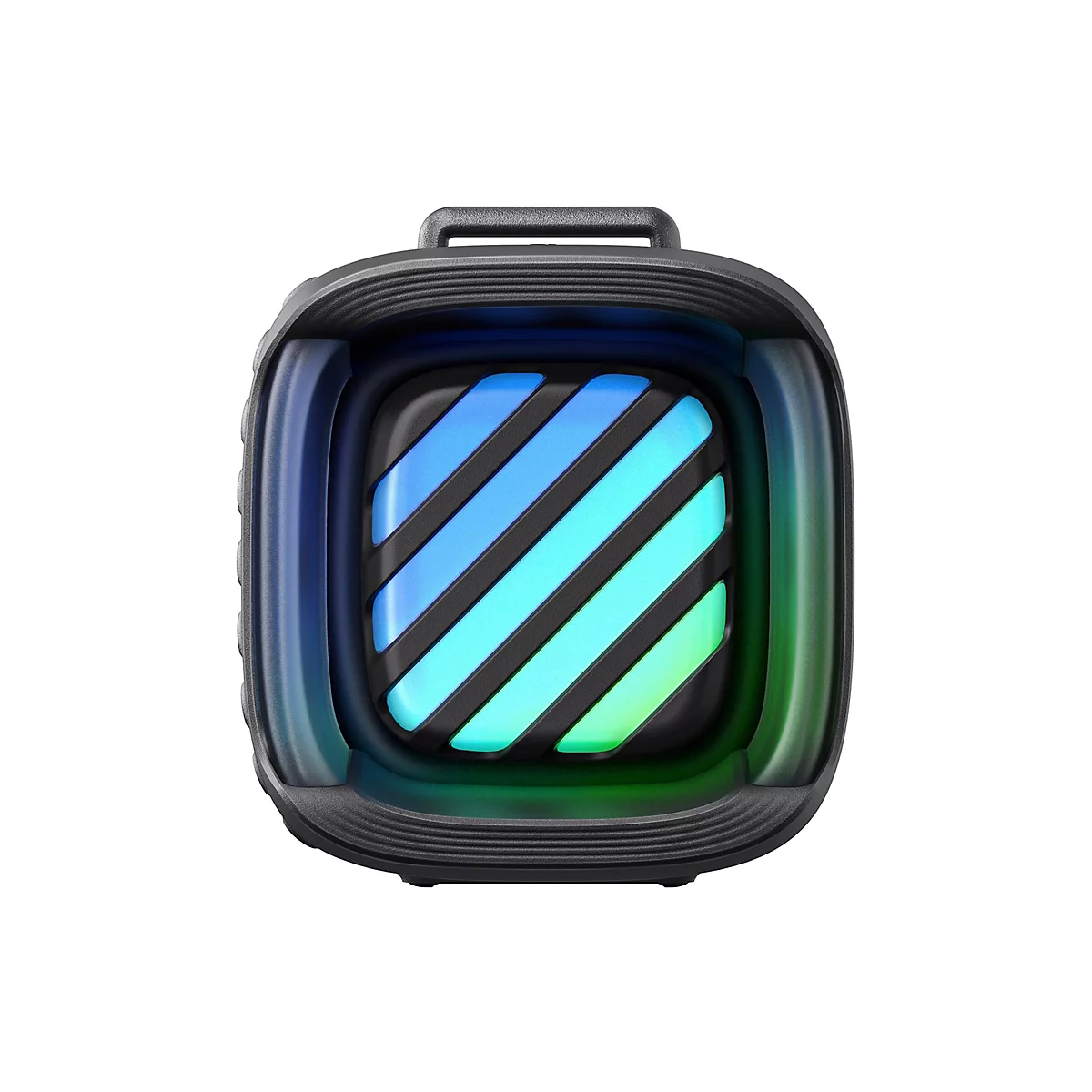 Quadratischer, schwarzer Lautsprecher mit diagonaler, blau-grün leuchtender LED-Beleuchtung vor weißem Hintergrund.