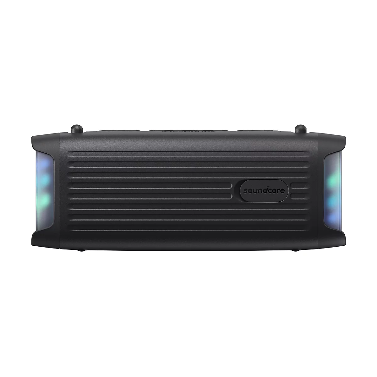 Schwarzer, horizontaler Soundcore Bluetooth-Lautsprecher mit gerippter Oberfläche und dezenten Lichteffekten an den Seiten.