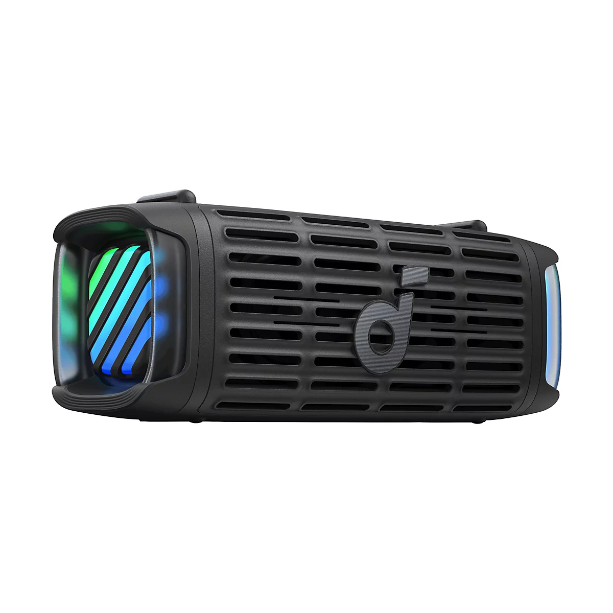 Schwarzer, zylindrischer Bluetooth-Lautsprecher mit LED-Beleuchtung an den Seiten und Soundcore-Logo auf der Vorderseite.