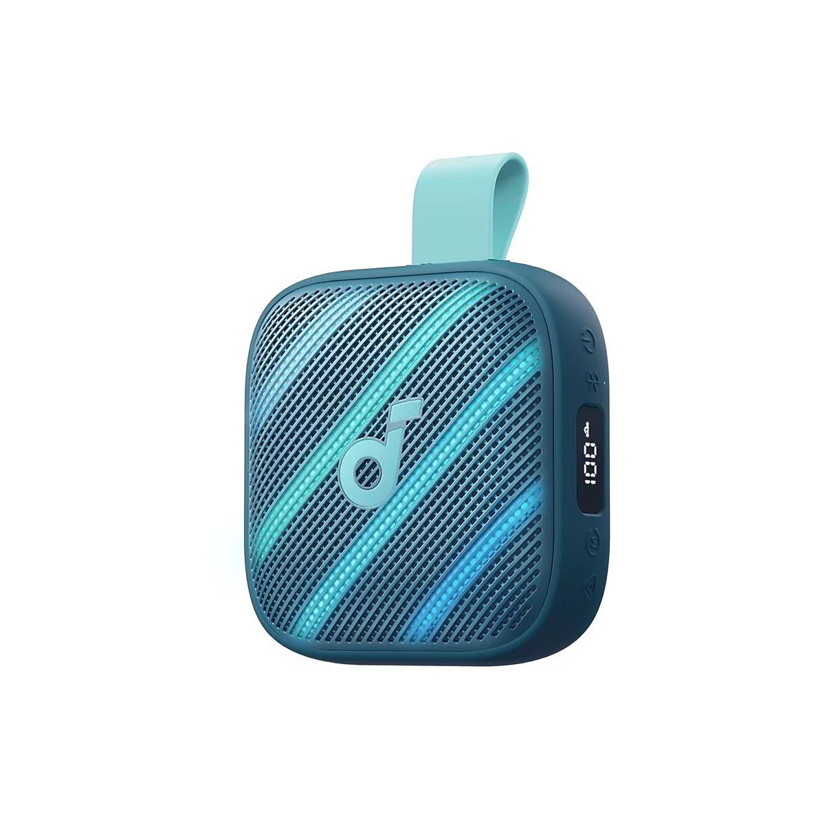 Quadratischer, dunkelblauer Bluetooth-Lautsprecher mit hellblauer Trageschlaufe und beleuchtetem Logo.