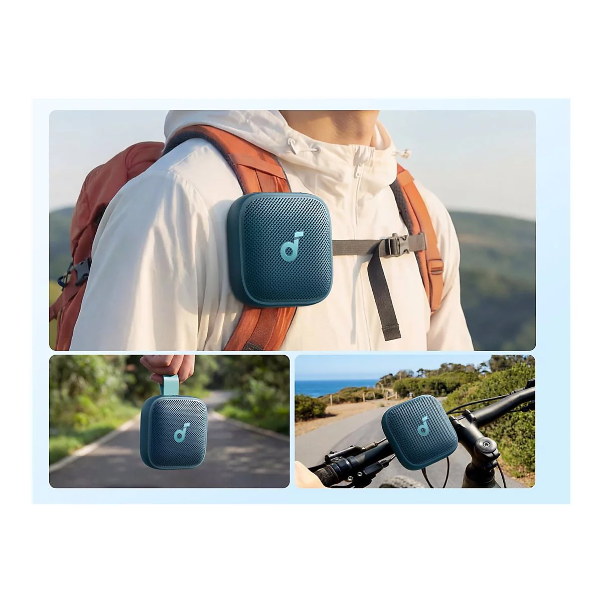 Blauer, quadratischer Soundcore Lautsprecher wird am Rucksack, in der Hand und am Fahrradlenker getragen.