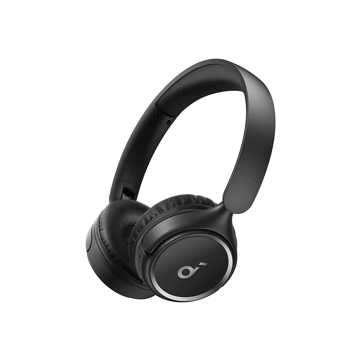 Schwarze kabellose Over-Ear-Kopfhörer mit Logo auf weißem Hintergrund.