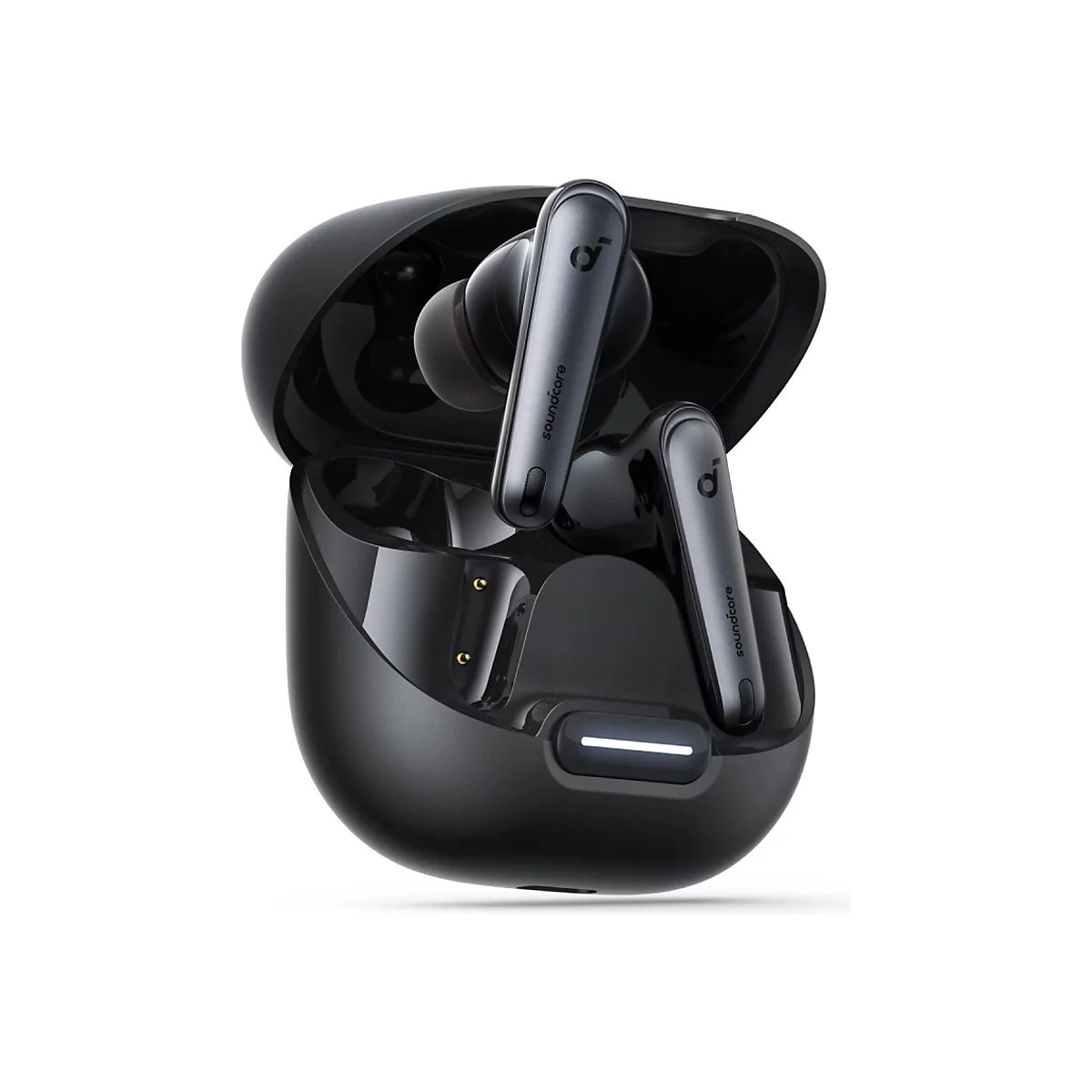 Schwarzes Soundcore In-Ear-Kopfhörer-Set in geöffnetem Ladecase mit beleuchteter Statusanzeige.