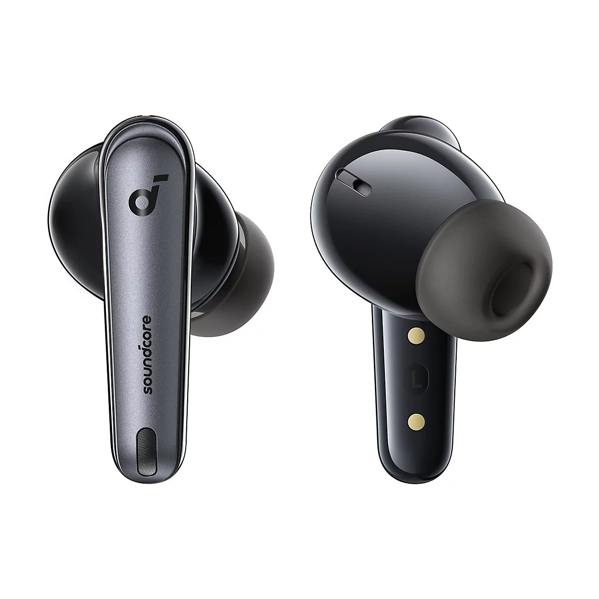 Zwei schwarze Soundcore In-Ear-Kopfhörer vor weißem Hintergrund, einer von vorn, einer von der Seite.