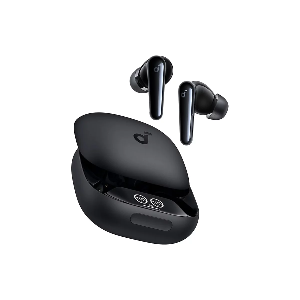 Schwarze kabellose In-Ear-Kopfhörer mit offenem Ladecase, das eine digitale Prozentanzeige aufweist.