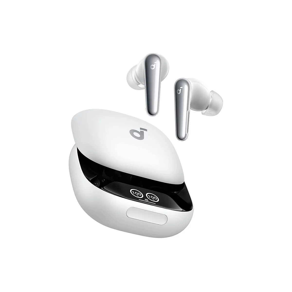 Weiße Soundcore In-Ear-Kopfhörer mit Ladecase, das eine digitale Ladeanzeige mit 100-Prozent-Anzeige zeigt.