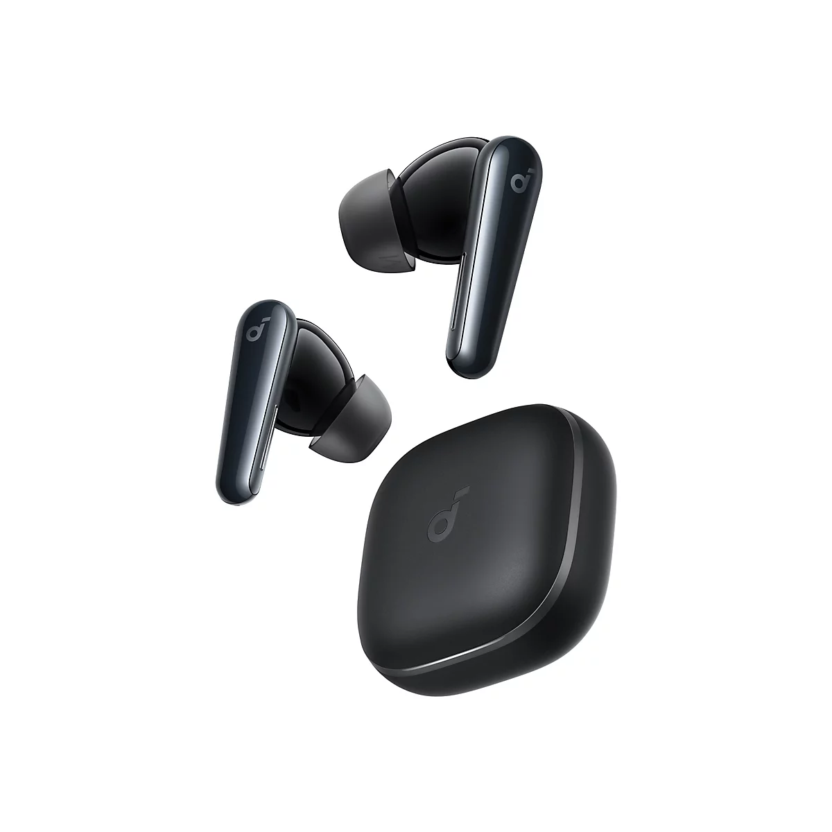 Schwarze kabellose In-Ear-Kopfhörer mit Ladecase vor weißem Hintergrund.