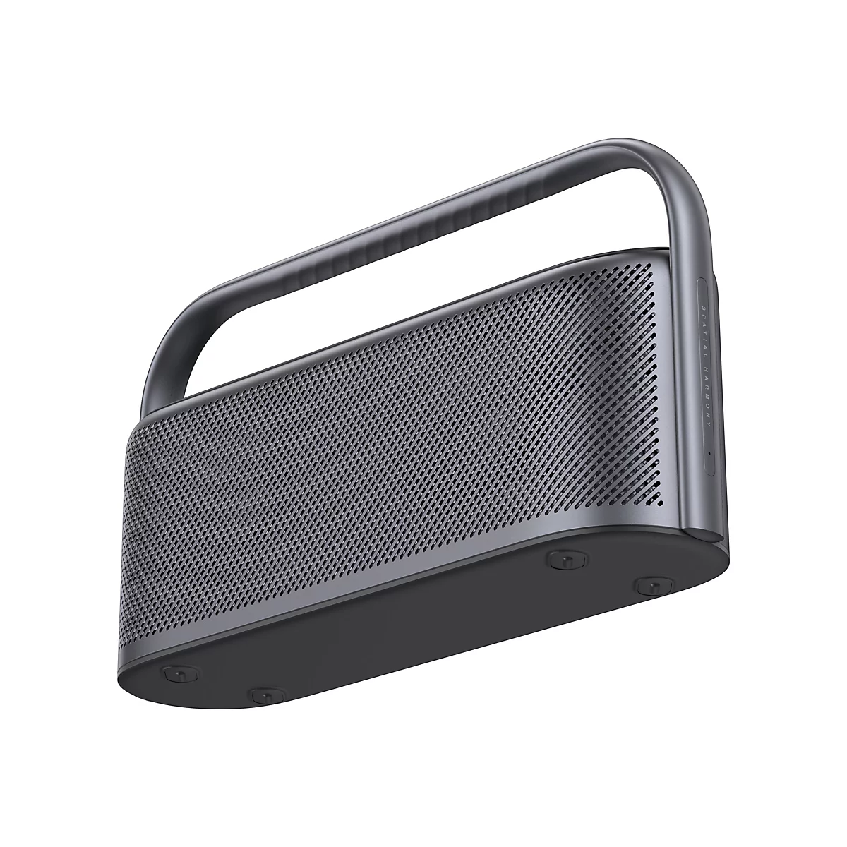 Grauer, tragbarer Bluetooth-Lautsprecher mit perforiertem Gitter, Tragegriff und Aufschrift Spatial Harmony.