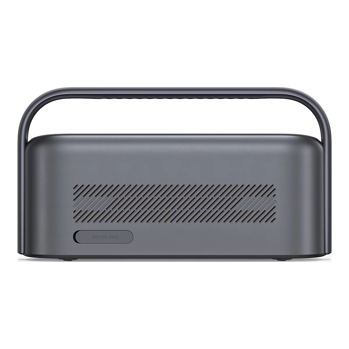 Grauer, länglicher Bluetooth-Lautsprecher mit Tragegriff und diagonalem Lüftungsgitter, Modellbeschriftung Motion X600.