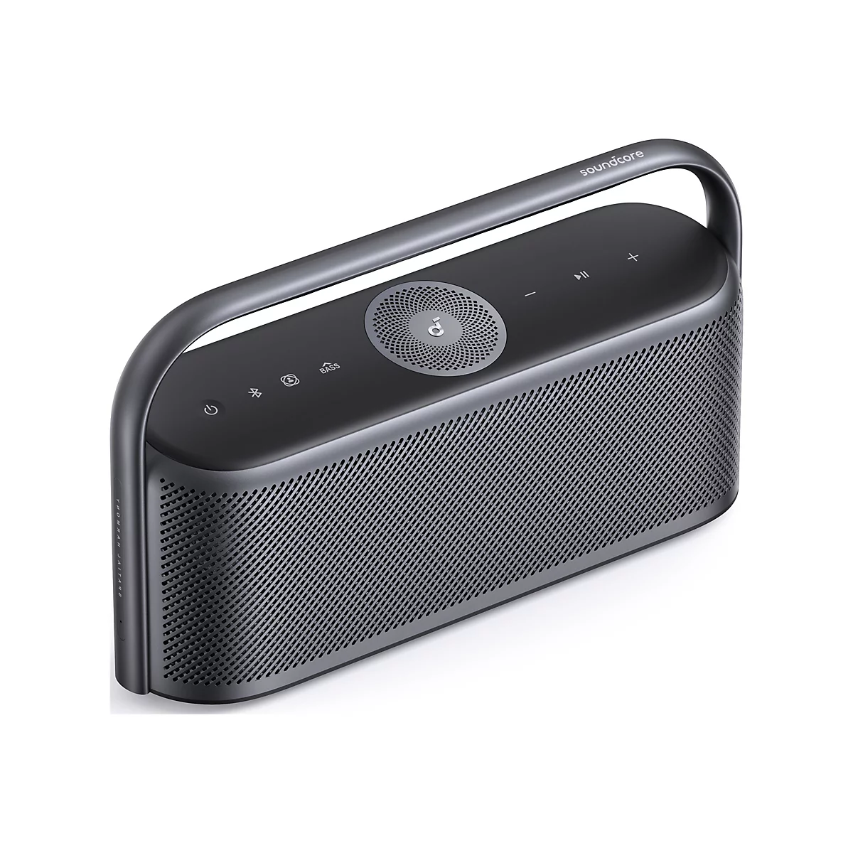 Grauer, tragbarer Soundcore-Bluetooth-Lautsprecher mit Tragegriff, Bedienelementen und perforierter Front.