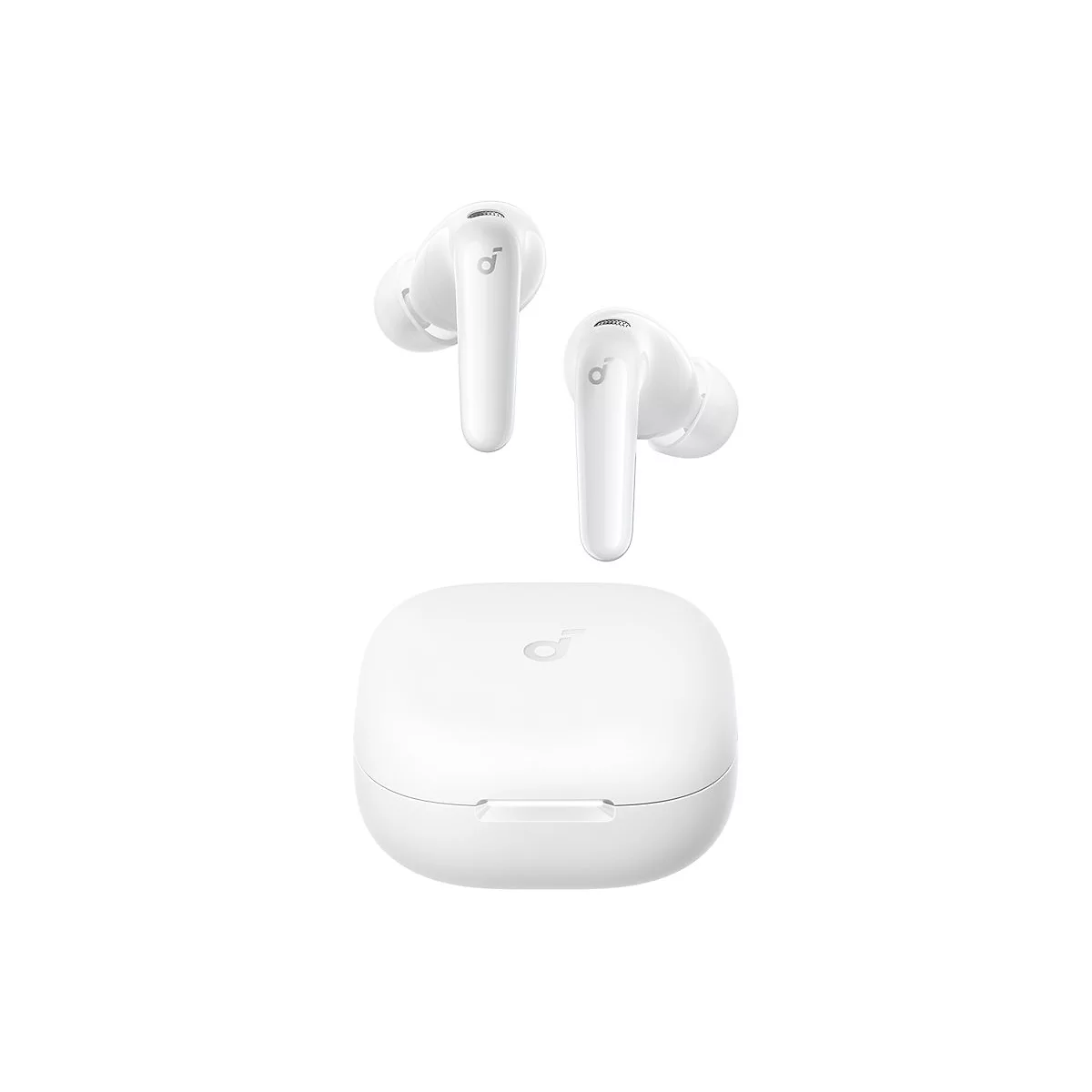 Weiße In-Ear-Kopfhörer mit Ladecase vor weißem Hintergrund. Die Ohrhörer haben das silberne Soundcore-Logo.
