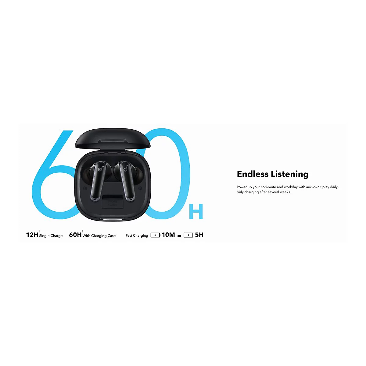 Schwarzes Ladecase mit Earbuds vor einer blauen 60H-Grafik, dazu technische Details zur Akkulaufzeit.