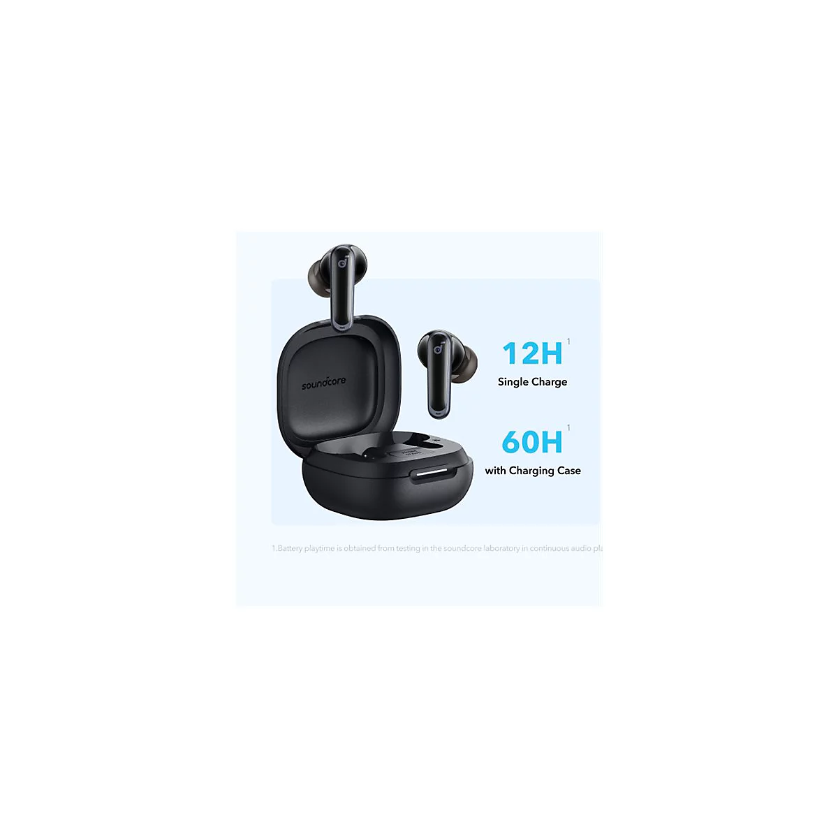 Schwarze Soundcore In-Ear-Kopfhörer mit Ladecase, beworben mit 12 Stunden Akkulaufzeit und 60 Stunden Gesamtlaufzeit.
