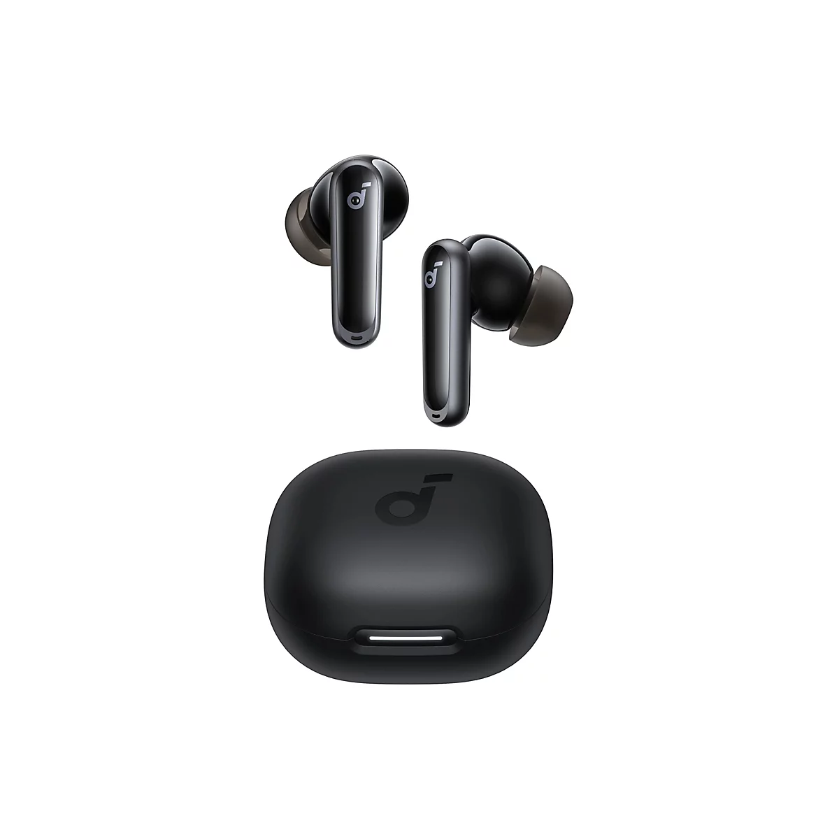 Schwarze Soundcore In-Ear-Kopfhörer mit Ladecase vor weißem Hintergrund.
