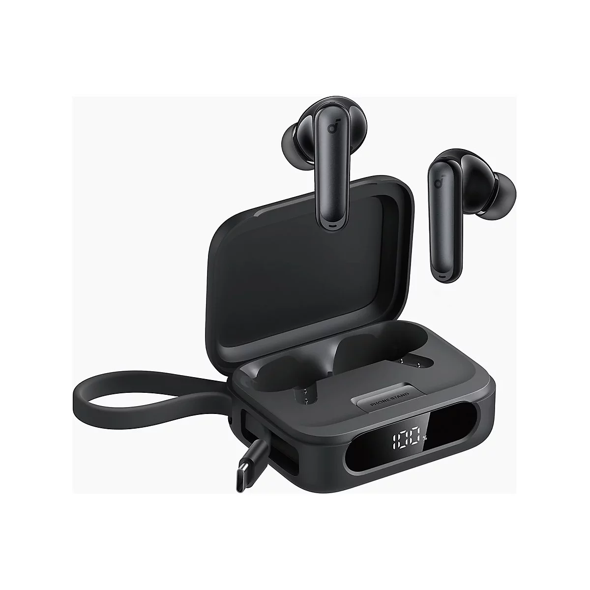 Schwarze kabellose In-Ear-Kopfhörer mit Ladecase, das eine Prozentanzeige und einen integrierten Handyhalter zeigt.