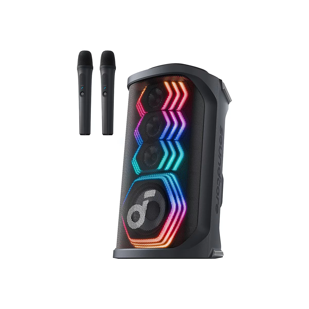 Schwarzer tragbarer Bluetooth-Lautsprecher von Soundcore mit bunter LED-Beleuchtung und zwei passenden Mikrofonen.