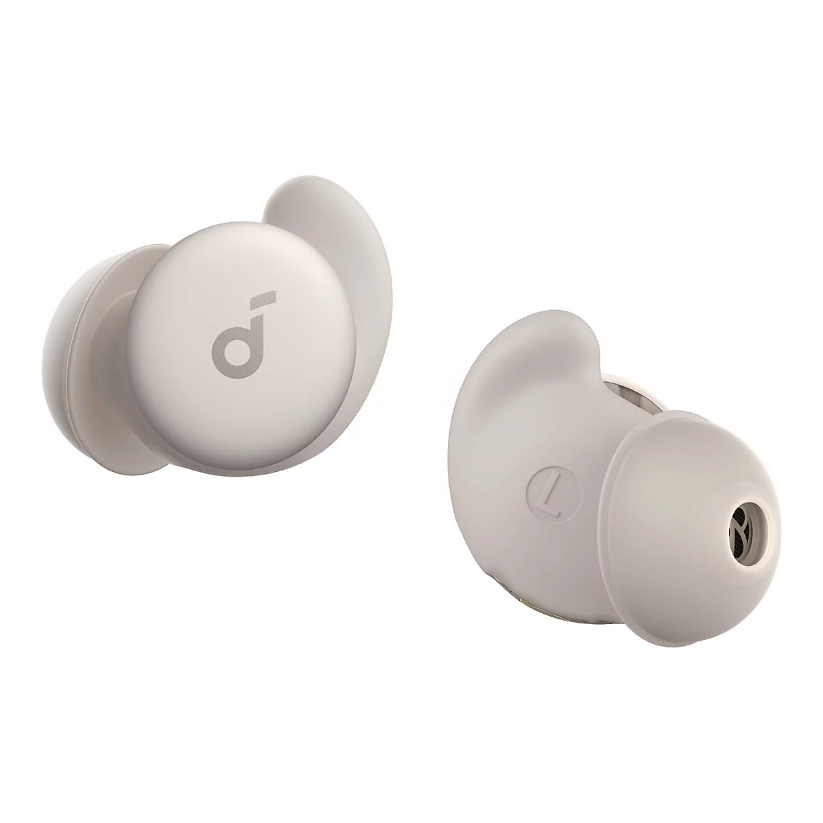 Zwei beige Soundcore In-Ear-Kopfhörer vor weißem Hintergrund. Einer zeigt das Logo, der andere die Passform.