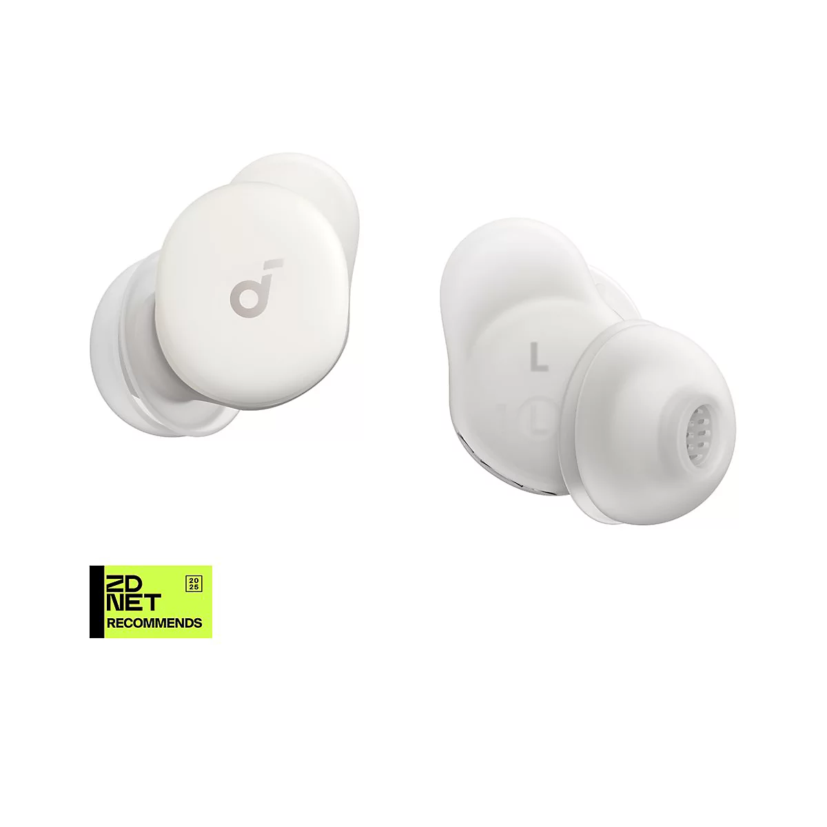 Zwei weiße In-Ear-Kopfhörer vor weißem Hintergrund mit ZDNET-Empfehlungs-Logo.