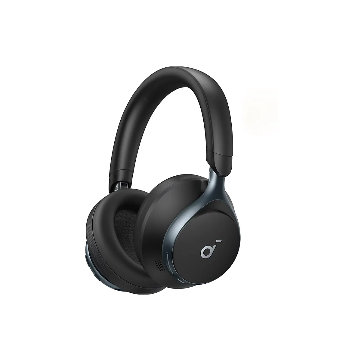 Schwarze kabellose Over-Ear-Kopfhörer mit Soundcore-Logo auf weißem Hintergrund.
