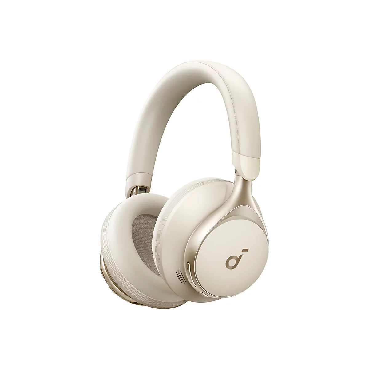 Beige Over-Ear-Kopfhörer mit dem Soundcore-Logo auf der Ohrmuschel vor weißem Hintergrund.