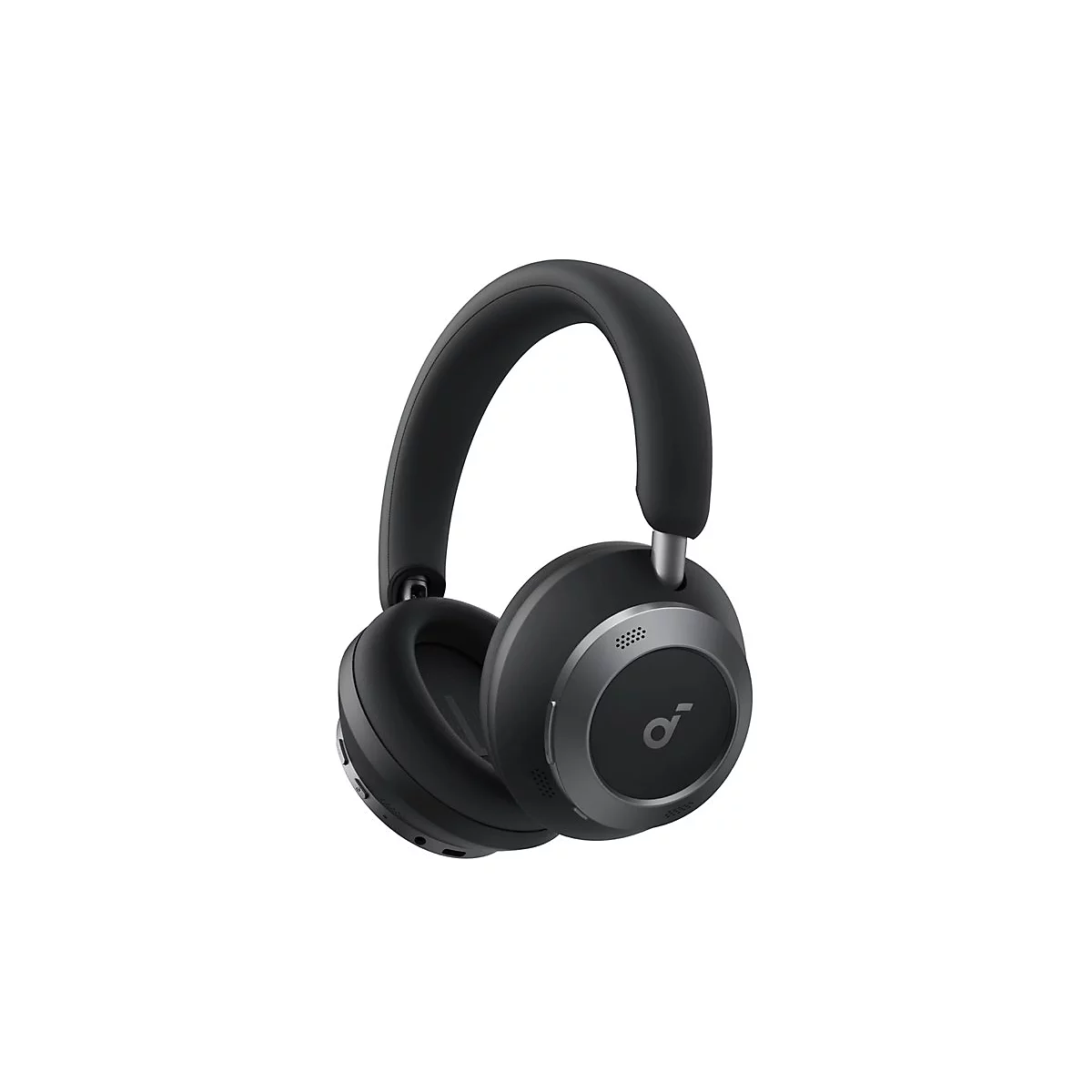 Schwarze kabellose Over-Ear-Kopfhörer vor weißem Hintergrund mit silbernem Logo und Designelementen.